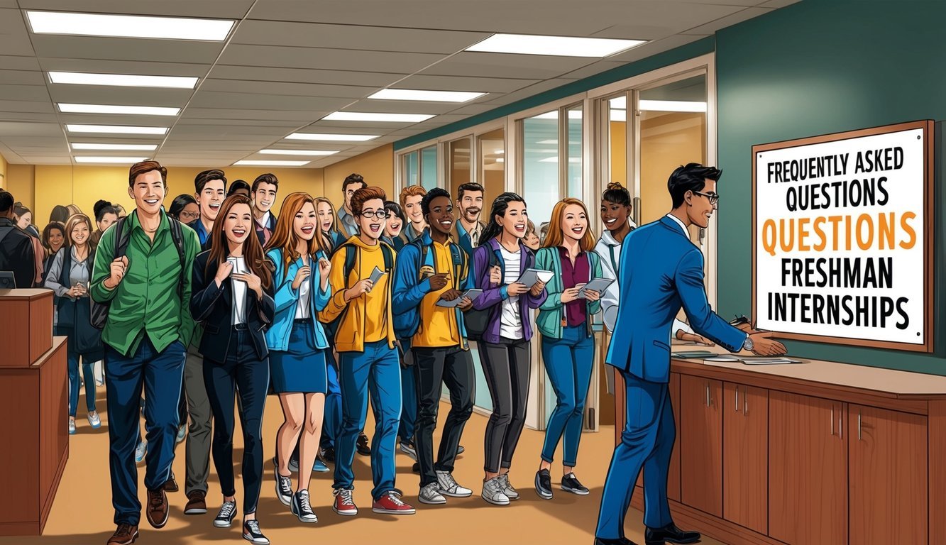 A bustling office with a line of eager students, a sign reading "Frequently Asked Questions Freshman Internships" and a helpful staff member assisting them