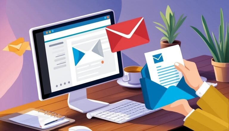 Computer with email interface, envelopes, and hands holding a letter