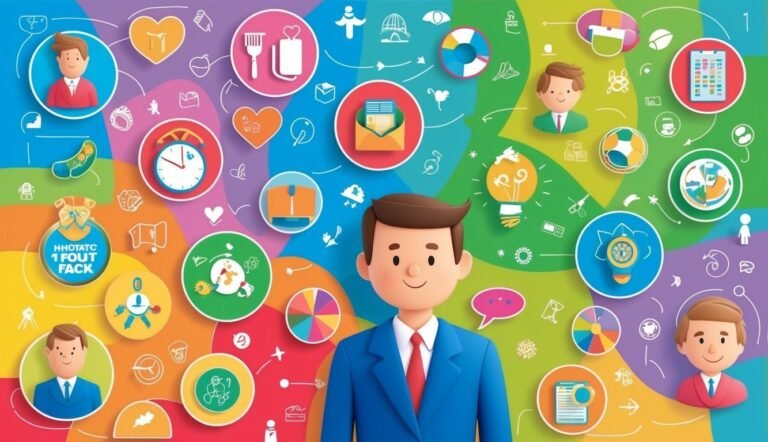 Cartoon man in a suit surrounded by colorful icons and illustrations
