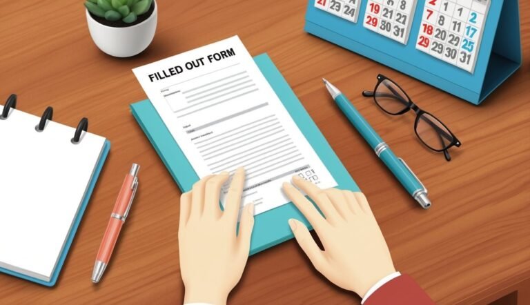Hands filling out a form on a desk with pens, glasses, and calendar