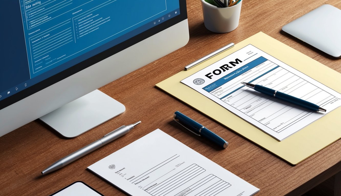 A desk with a pen, paper, and a computer displaying a form