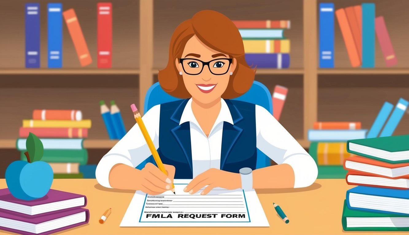 A teacher at a desk filling out an FMLA request form with a pencil, surrounded by books and educational materials