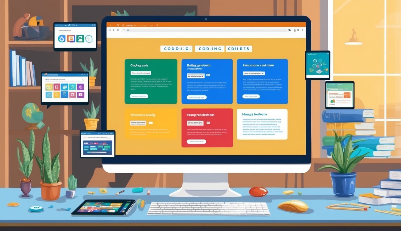 Computer monitor displaying a website with multiple screens and plants on a desk