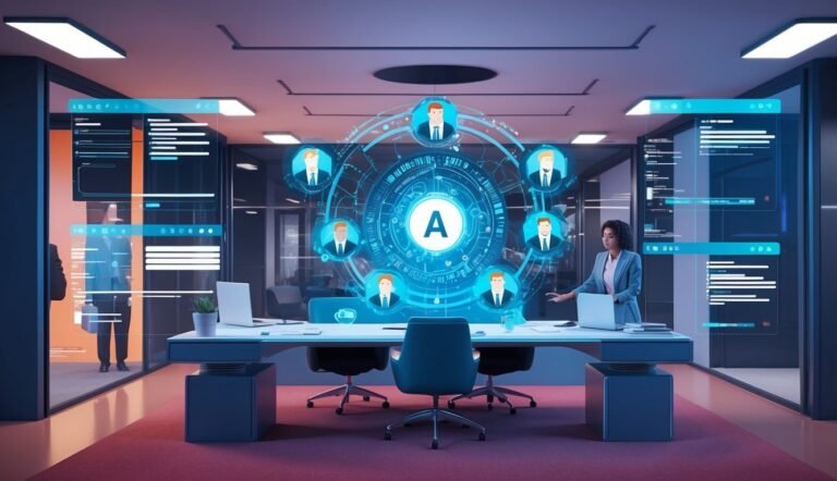 Woman in office with a digital network of people around a central "A"