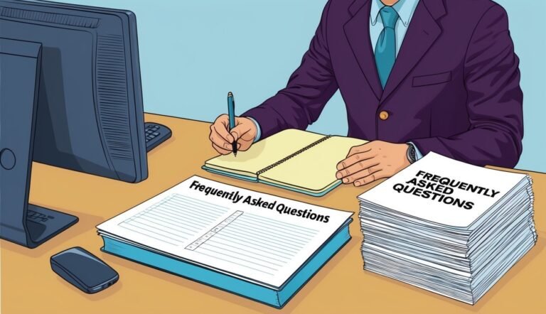 Person in suit writing on notebook, "Frequently Asked Questions" visible