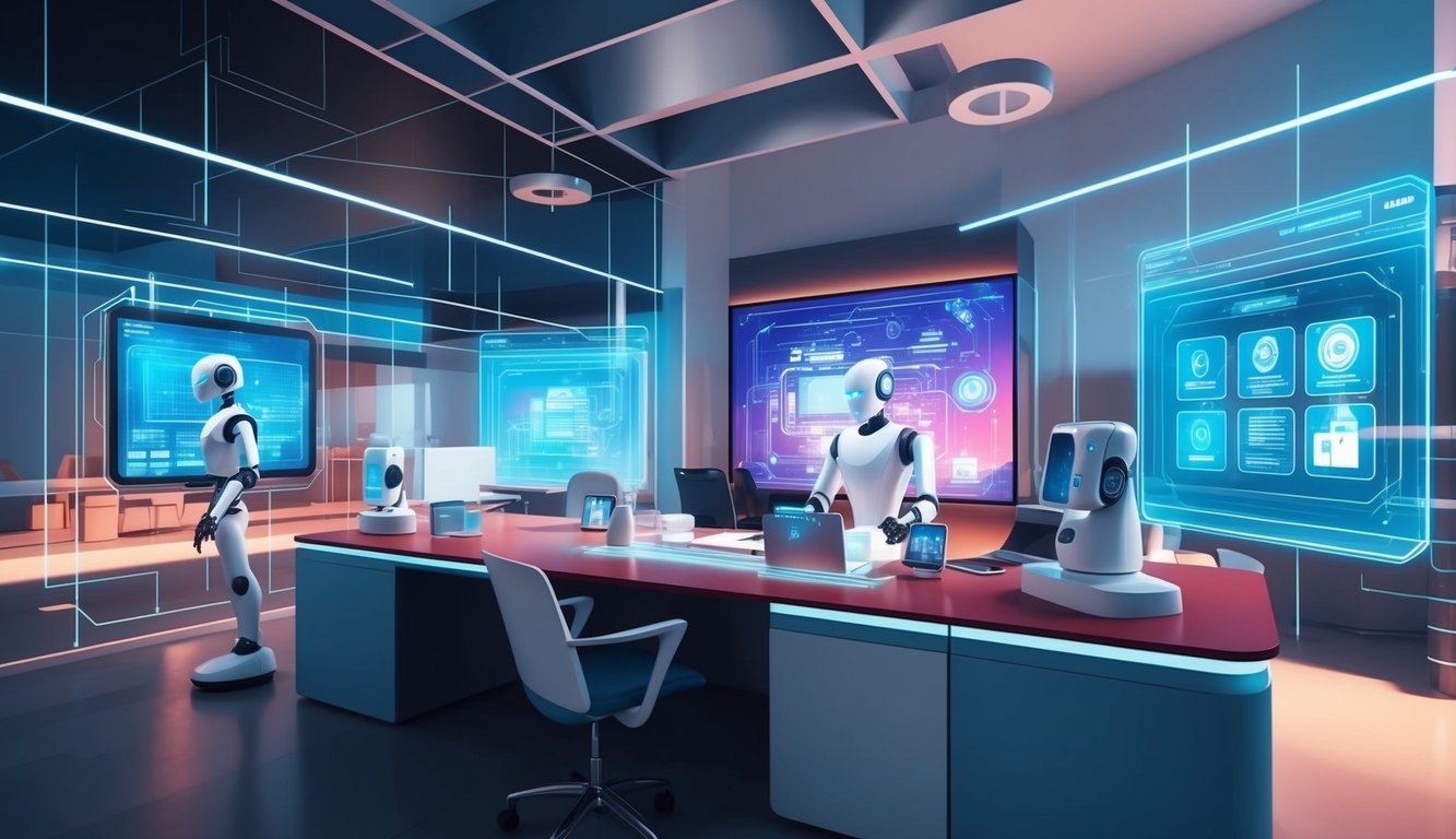 A futuristic office with holographic displays, robots, and advanced AI technology