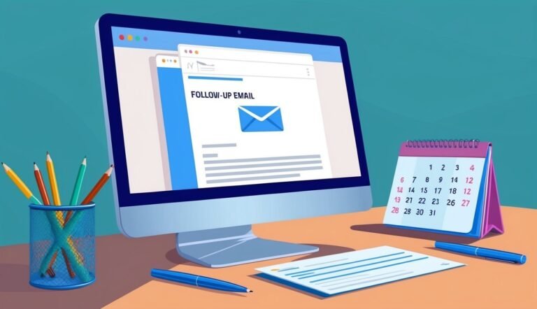 Computer screen with follow-up email, calendar, pencils, and pens on a desk