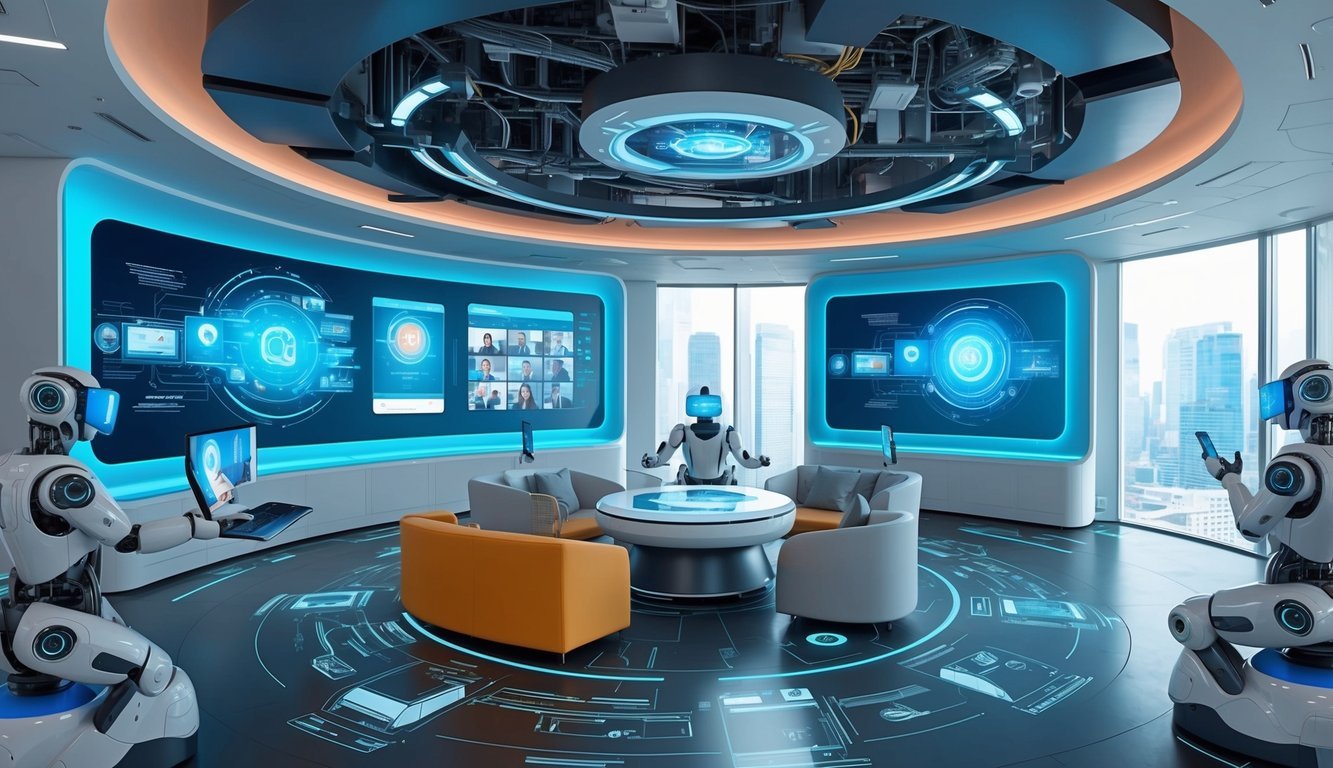 A futuristic office space with interactive screens and virtual reality headsets, surrounded by advanced technology and robotics