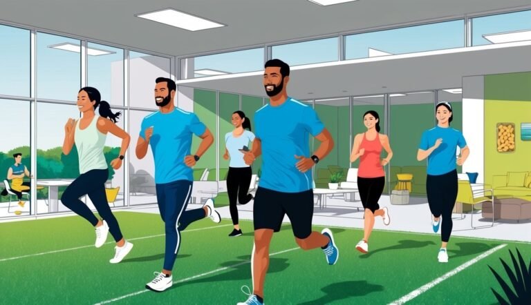 Group of people running on indoor track in a modern gym