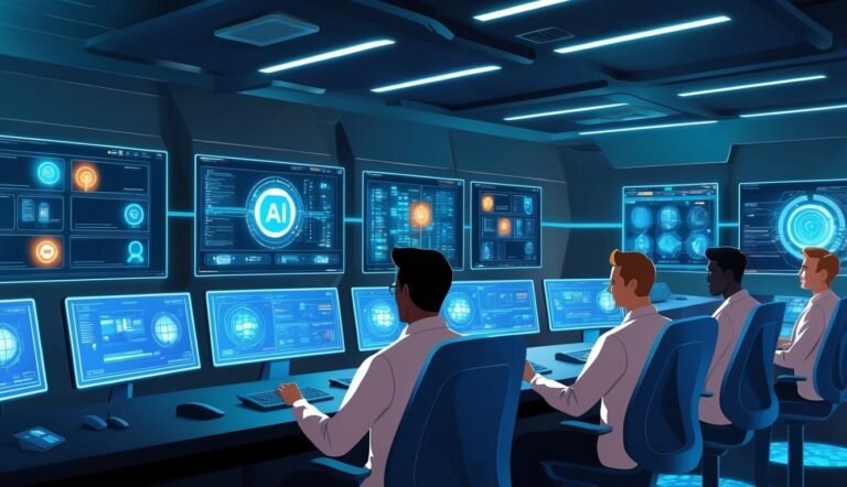 People monitor AI data on screens in a futuristic control room
