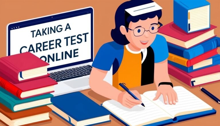 Person taking a career test online, writing in a notebook, surrounded by books