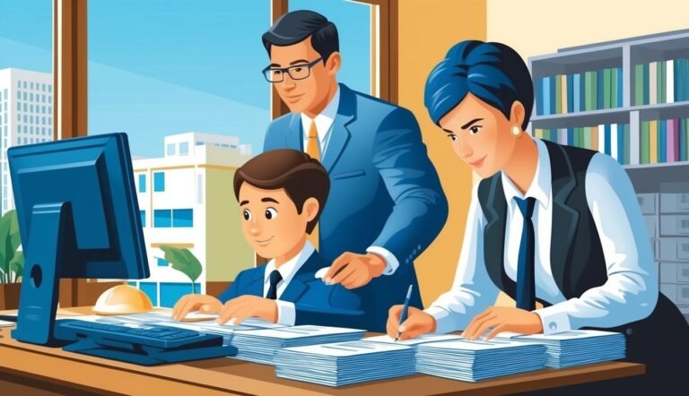 Three people working at a desk with a computer and stacks of papers