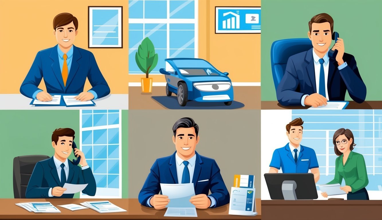 A bank employee sitting at a desk, a landlord holding rental applications, a car dealership owner reviewing financing options, a credit card company representative on the phone, a potential employer in an office