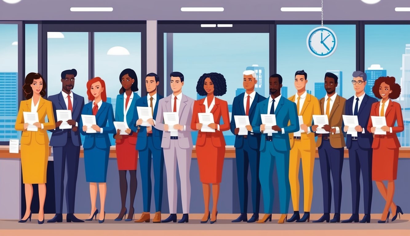 A line of diverse figures at a credit bureau office, each holding a request form