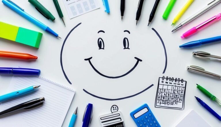 Smiling face drawn with pens and office supplies arranged around it