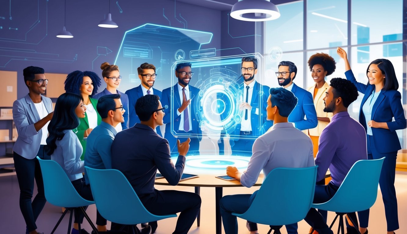 A group of diverse individuals gather around a futuristic holographic display, discussing the future of work.</p><p>The room is filled with energy and excitement