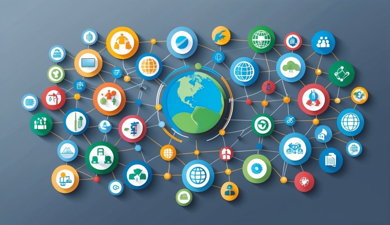 Globe surrounded by connected icons representing global concepts