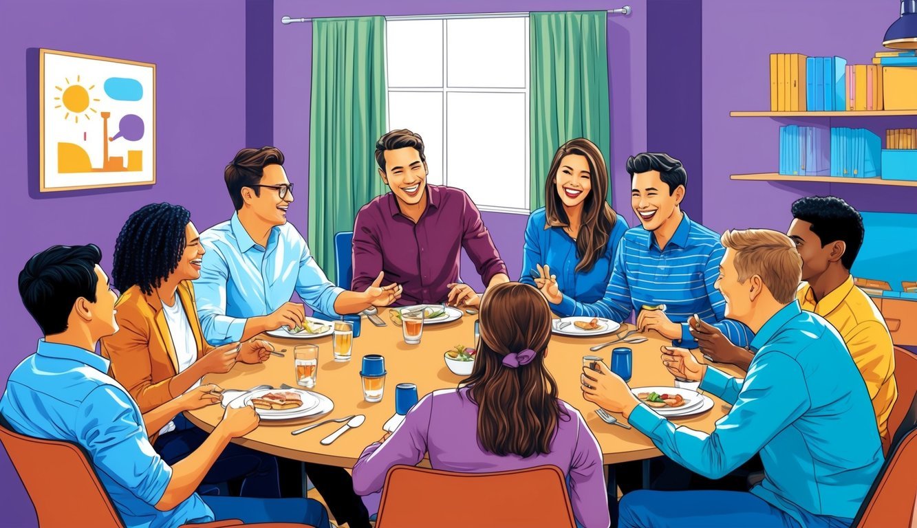 A group of people gathered around a table, engaging in lively conversation and laughter while participating in fun Friday activities