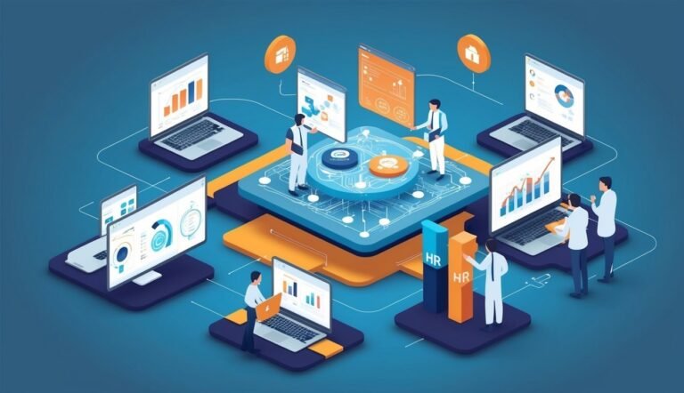 Isometric illustration of people working with laptops and data analysis