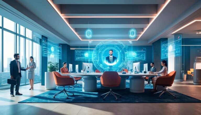 Modern office with people working around a large table, futuristic displays