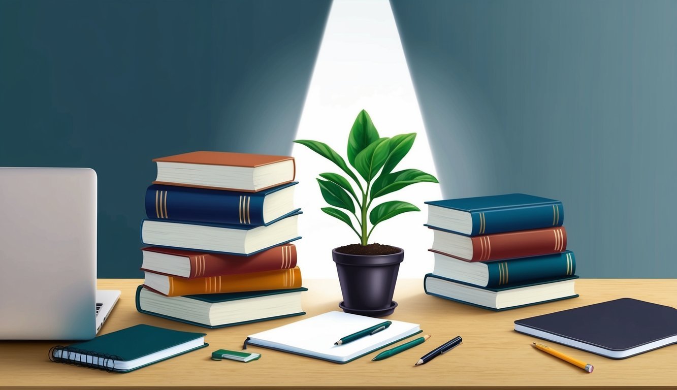 A group of books and a potted plant on a desk, surrounded by a laptop, notebook, and pen.</p><p>A beam of light shines on the desk, symbolizing growth and learning