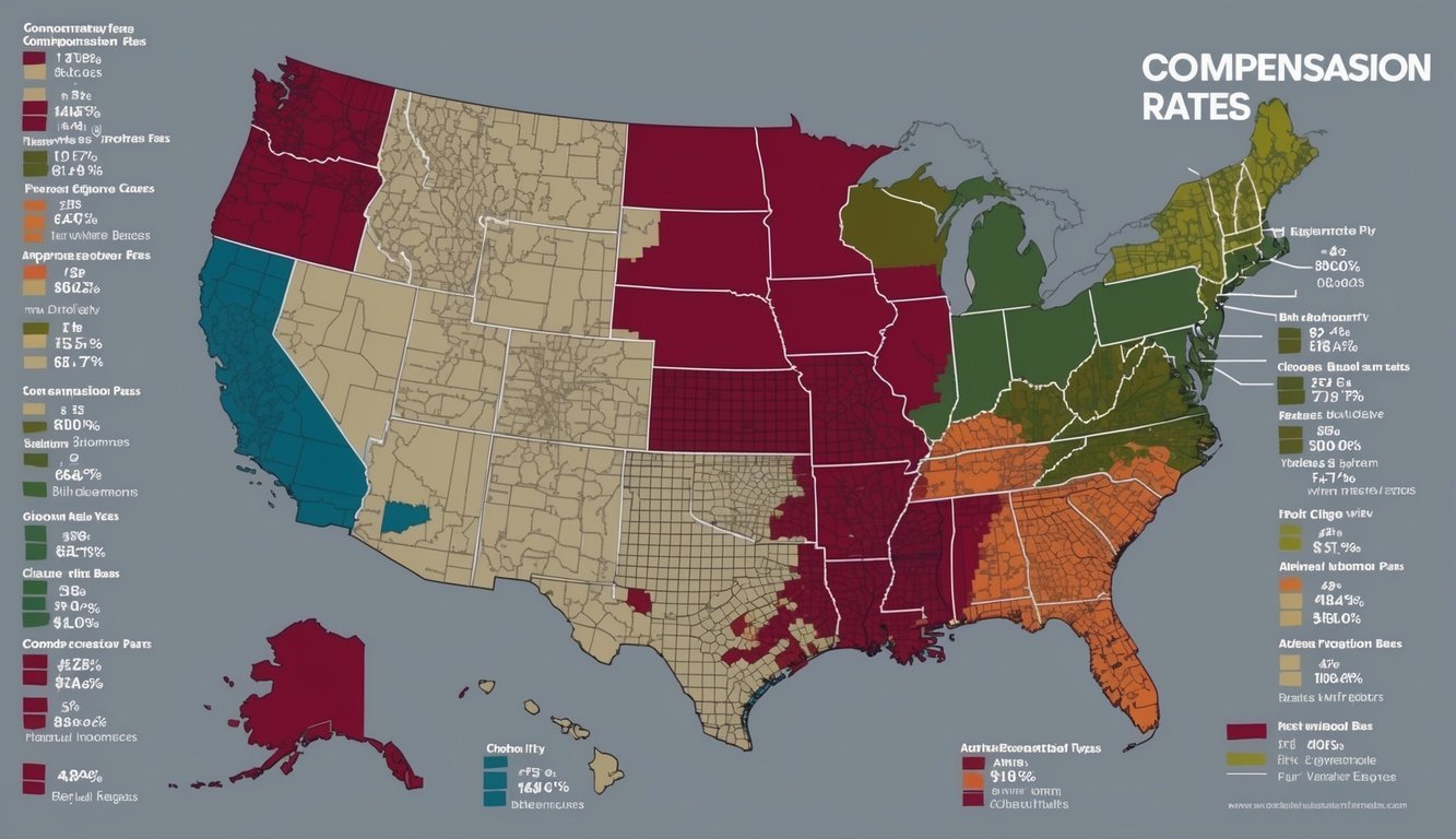 A map with various regions highlighted, each labeled with different compensation rates