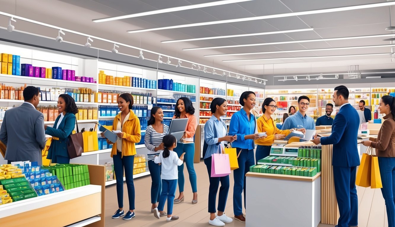 A bustling retail store with a variety of products neatly displayed, a line of eager customers, and a helpful employee assisting a shopper