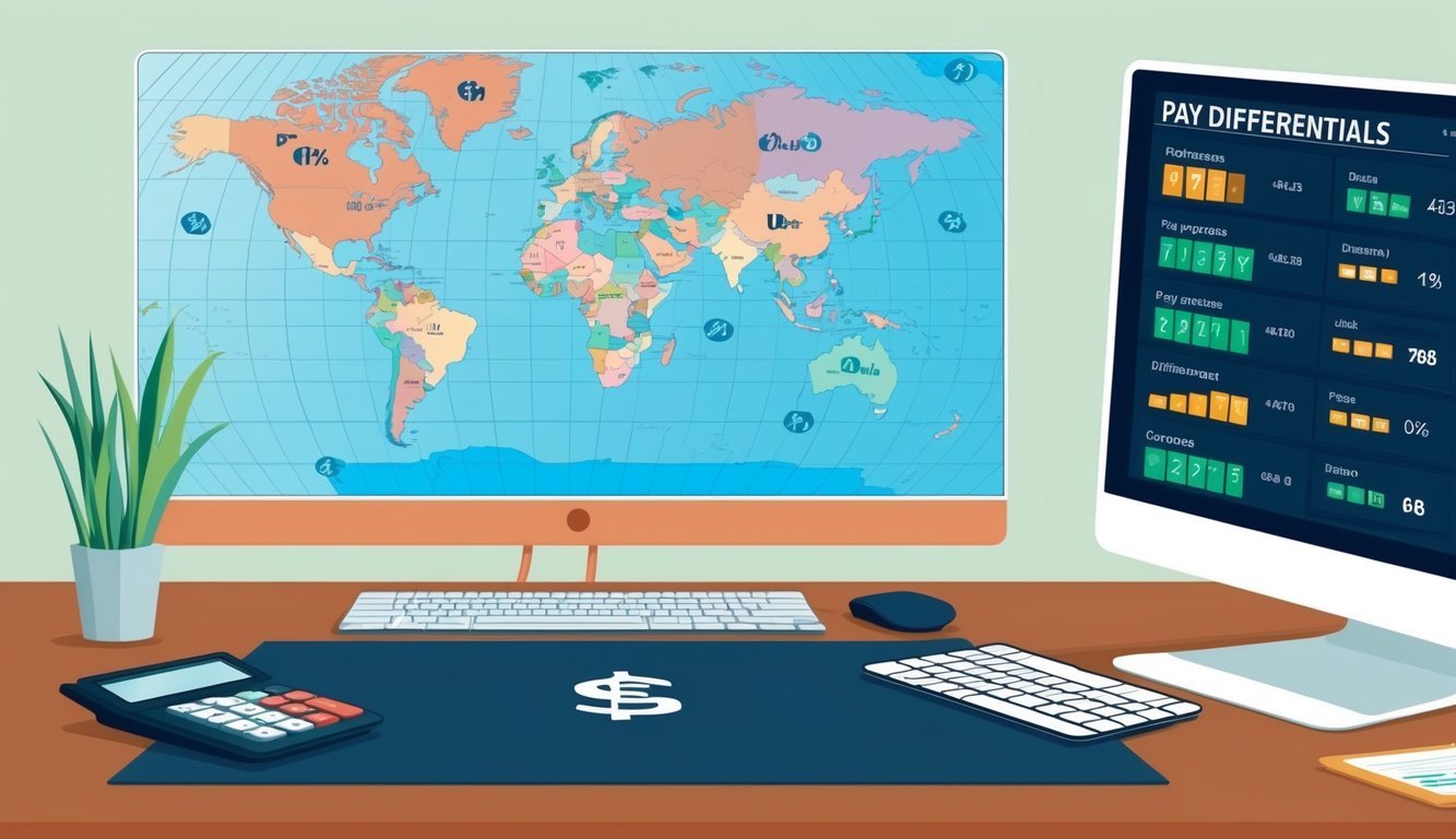 An office desk with a world map and currency symbols, a calculator, and a computer screen displaying pay differentials data