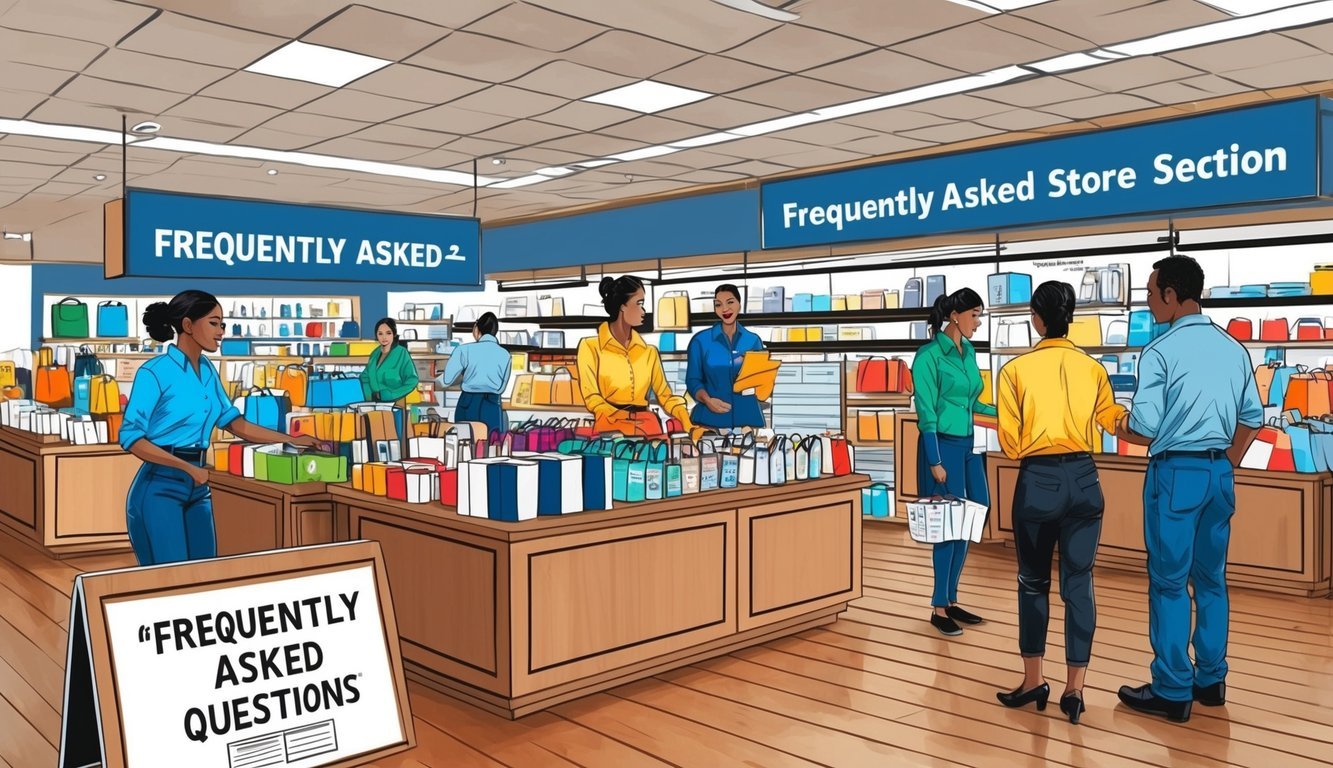 A bustling retail store with customers browsing, employees assisting, and a sign displaying "Frequently Asked Questions" section