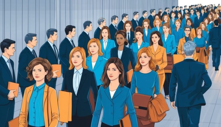 Large group of business people walking in a hallway, many women