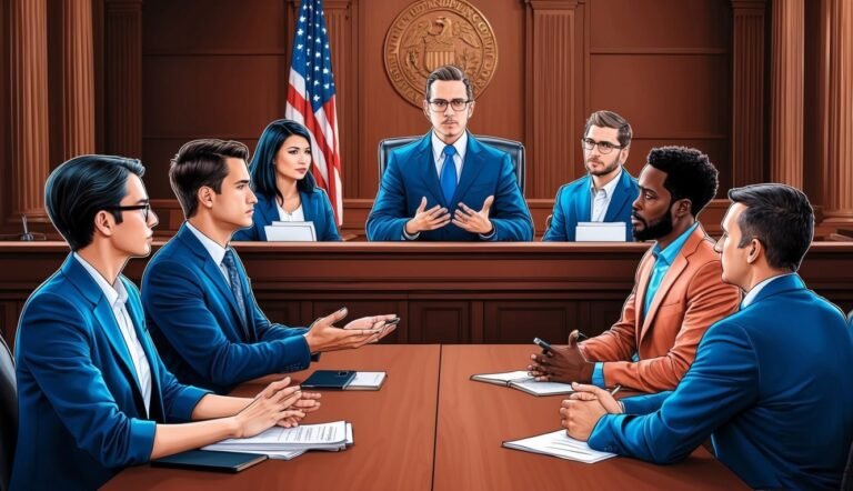 Courtroom scene with diverse people in suits, American flag, and judge