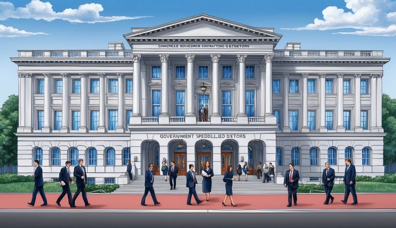 Illustration of a government building with people walking in front