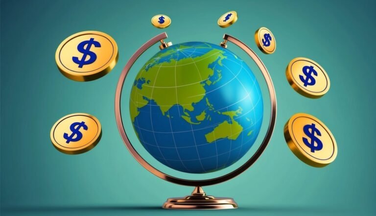 Globe surrounded by dollar coins, representing global finance and economy