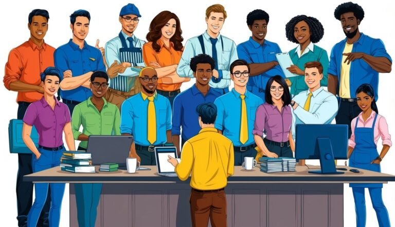 Diverse group of people standing behind a desk, looking at a presentation