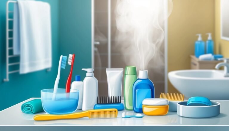 Bathroom scene with toiletries, toothbrushes, and steam rising from bottles