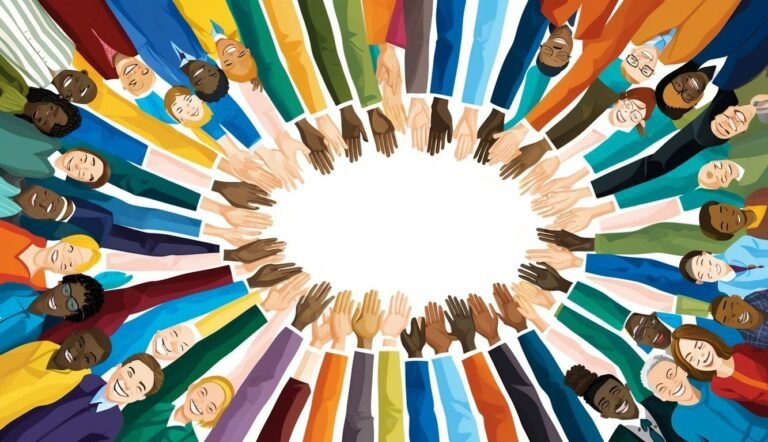 Diverse group of people with arms raised in a circle, hands touching