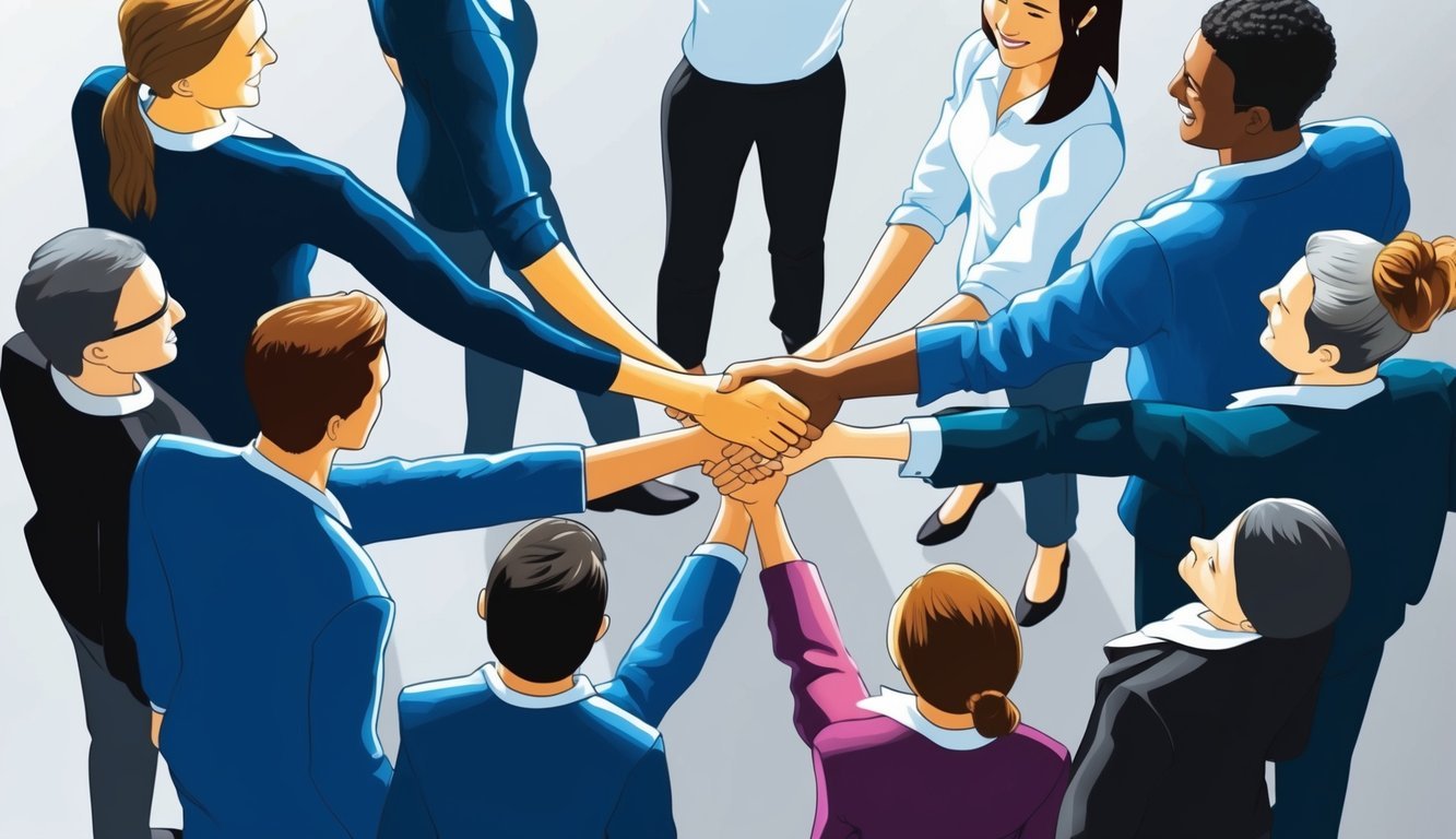 A group of figures stand in a circle, facing each other with open body language.</p><p>They engage in a confident and friendly group handshake, showing unity and camaraderie