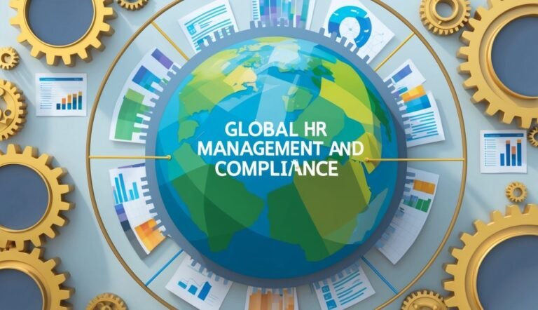 Globe with "Global HR Management and Compliance" surrounded by gears and charts