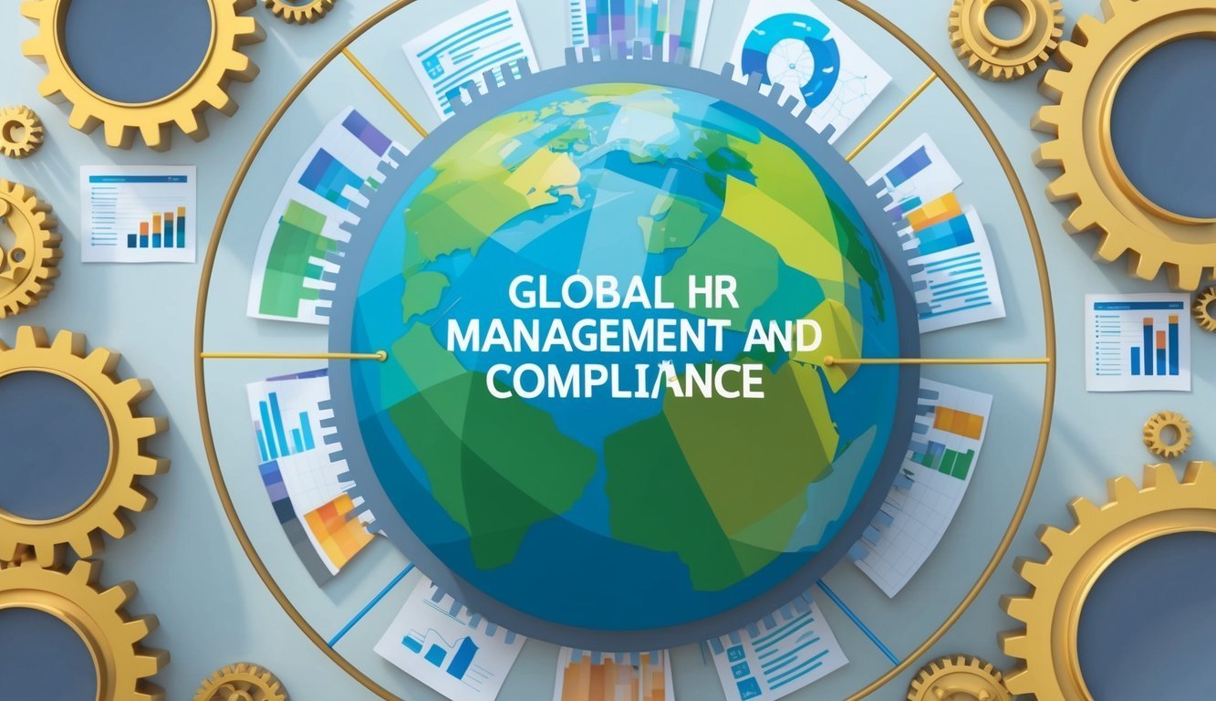 Globe with "Global HR Management and Compliance" surrounded by gears and charts