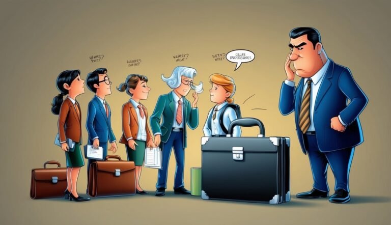 Cartoon of business people with briefcases, looking at a boss