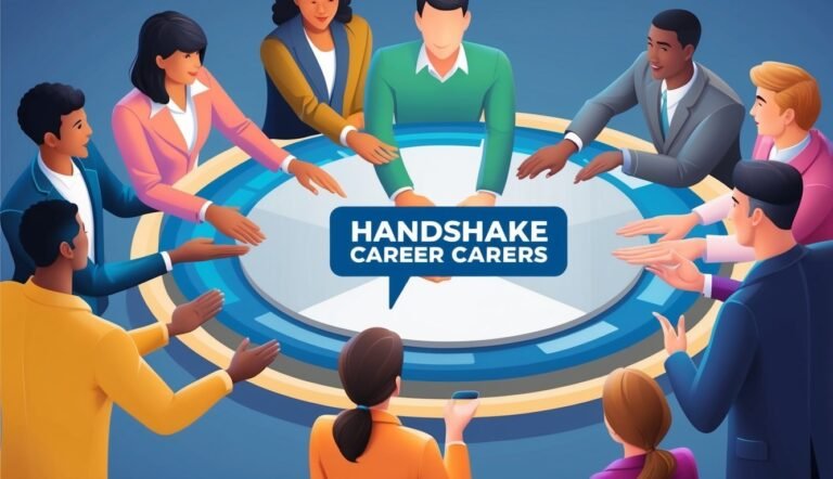 Illustration of diverse people around a table with "Handshake Career Carers" text