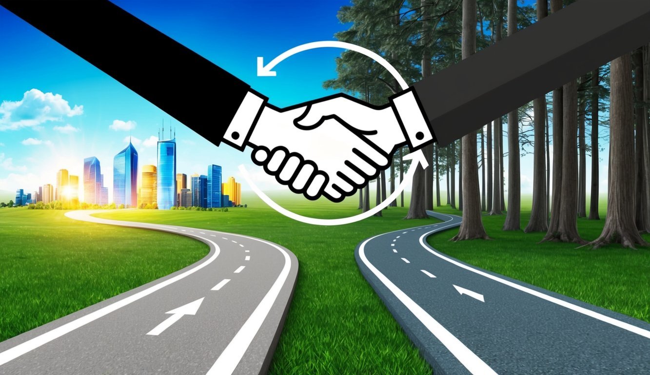 Two paths diverging, one leading to a bright cityscape and the other to a forest of towering trees.</p><p>A handshake symbol hovers above the paths, representing advancing career opportunities