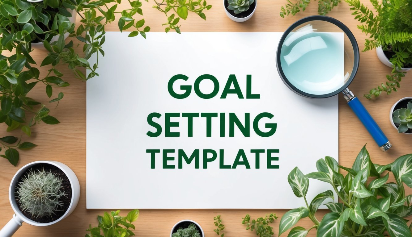 A blank goal setting template surrounded by flourishing plants and a magnifying glass symbolizing accountability