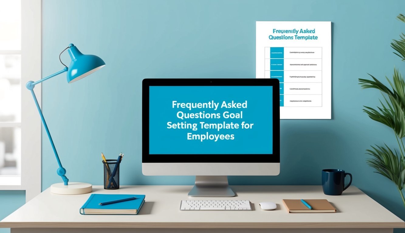 A desk with a computer, notebook, and pen.</p><p>A poster with the title "Frequently Asked Questions Goal Setting Template for Employees" on the wall