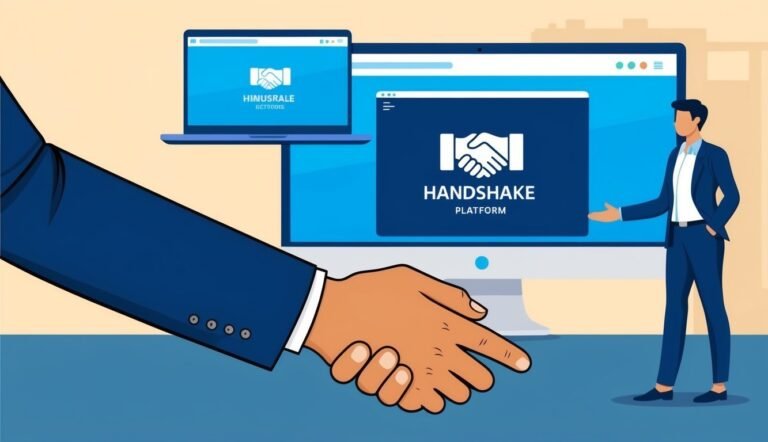 Illustration of a handshake, laptop, and computer screen with "Handshake Platform"