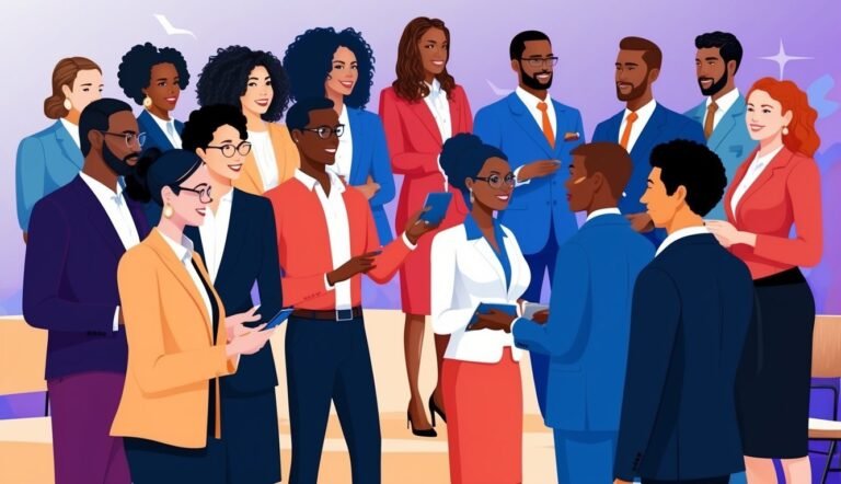 Diverse group of business professionals in suits, interacting and holding phones
