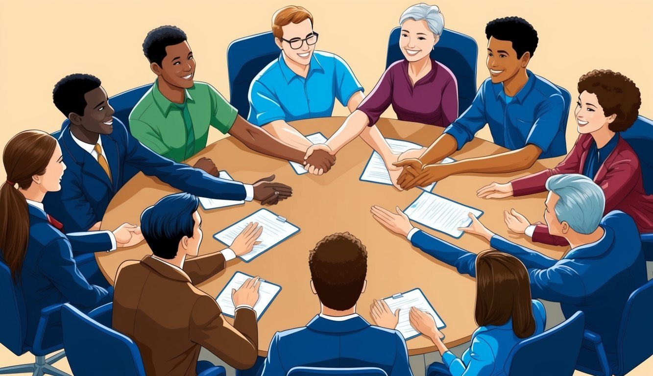 A group of diverse people gathered around a table, exchanging handshakes and discussing frequently asked questions about their jobs