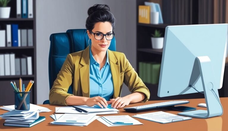 Woman in glasses at desk, working on computer, surrounded by papers