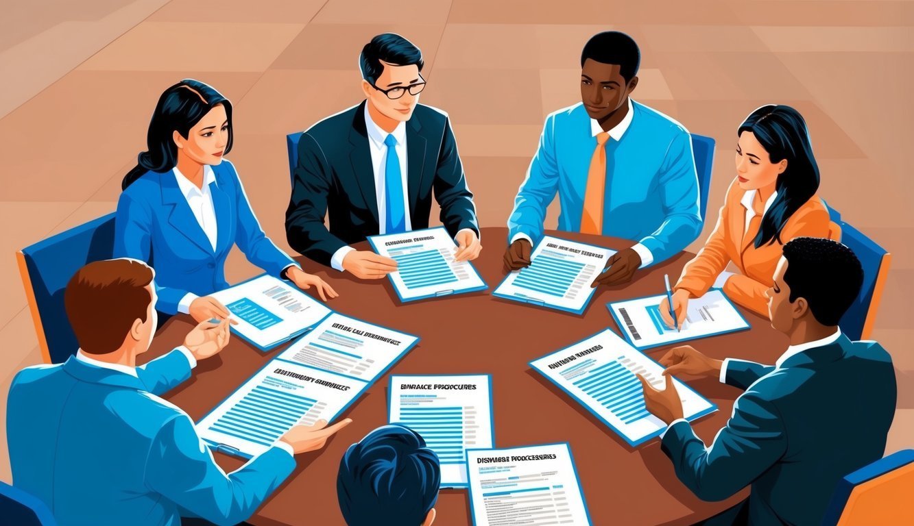 Business team reviewing documents around a table in a meeting
