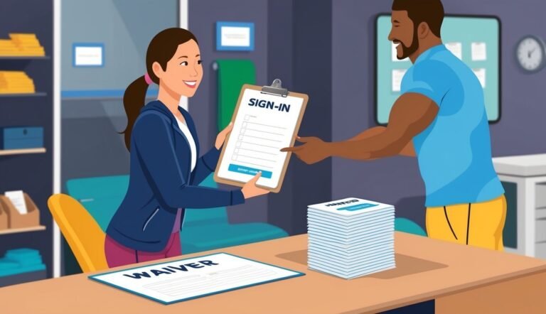 Woman hands a sign-in sheet to a man at a desk